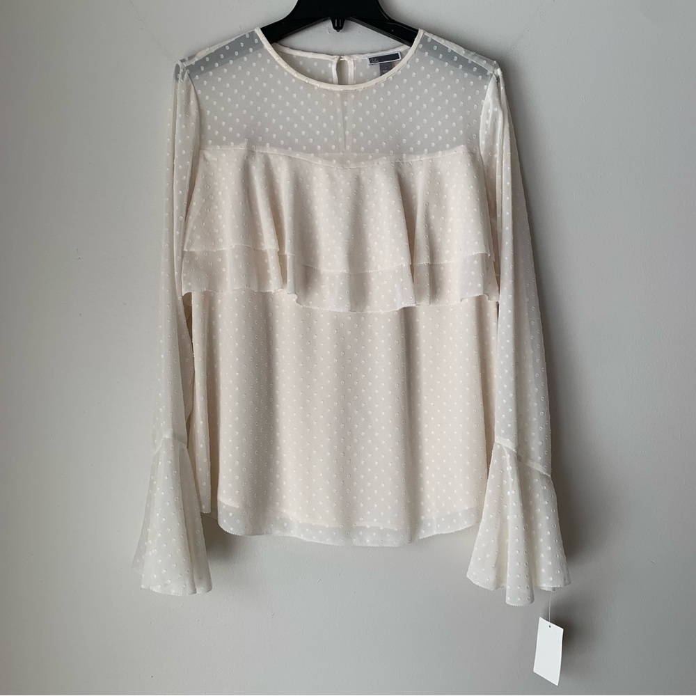 Nwt Chelsea 28 ivory sheer polka dot flared wrist long sleeve Blouse Top size L